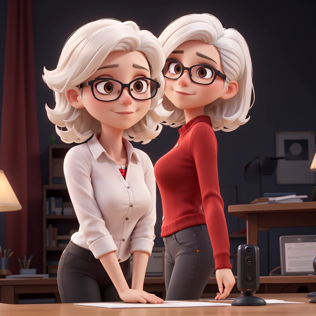 woman white hair, mobile phone, red clothes, Black background,
cameras, fans, located side, desk, Thinking, interest, glasses,
PANTS



