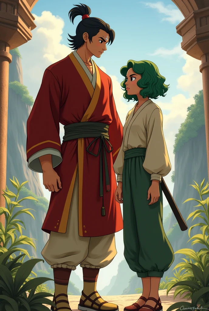 create an image with Zuko in Aang avatar and a girl with short wavy green hair, She is shorter than him and wears baggy pants