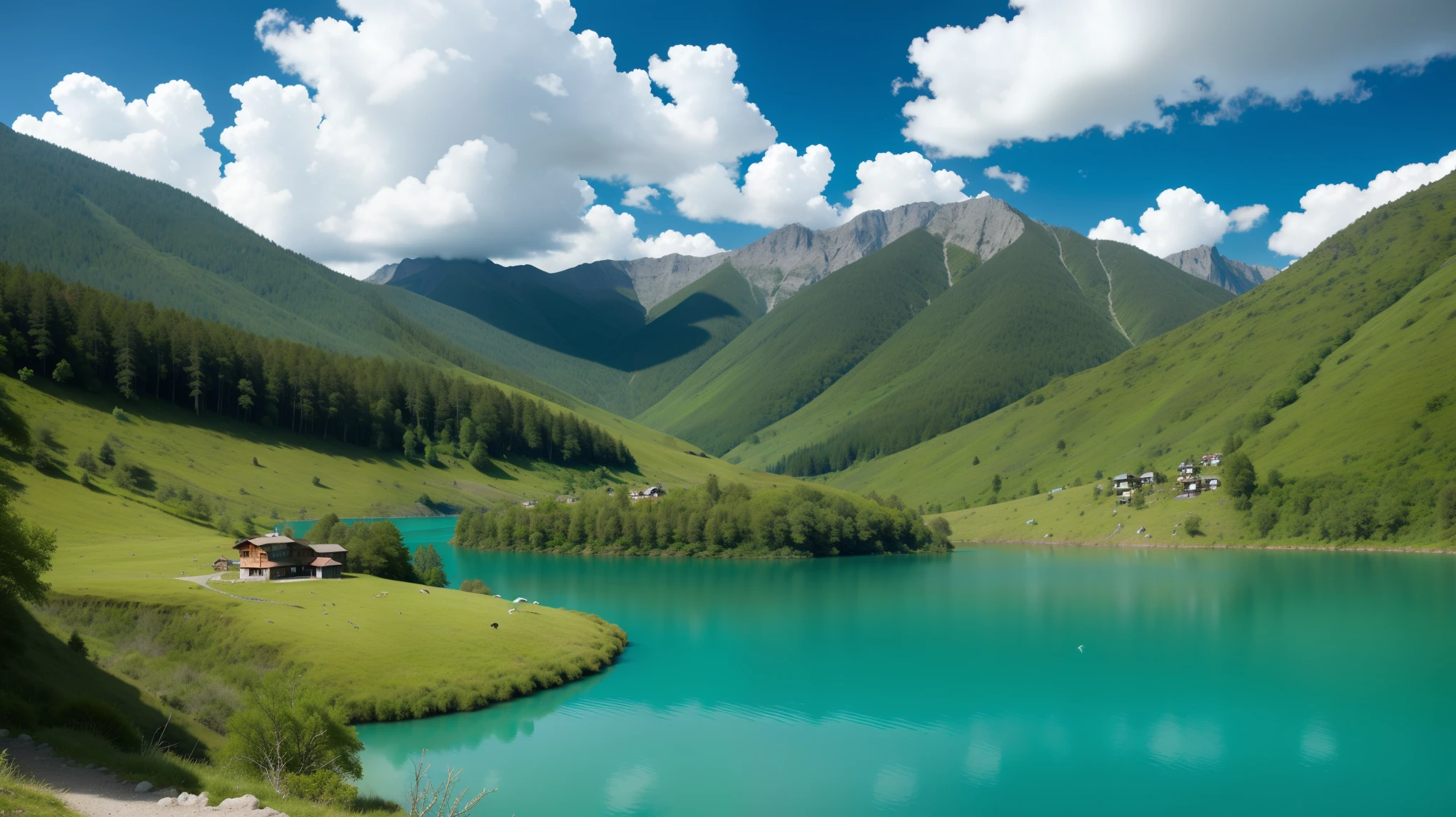 Landscape with a view out of the forest, over a lush green valley with a deep blue-turquoise lake. very sharp detailed picture. Birds in the foreground. At the lake occasionally small animals. In the background very high mountains. No people. No houses. Peaceful romantic solitude. Sunshine. Some picturesque clouds that cast shadows. 