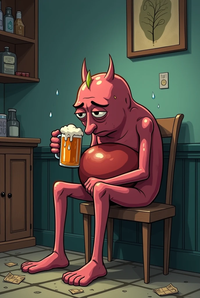 Sad liver drinking beer in cartoon