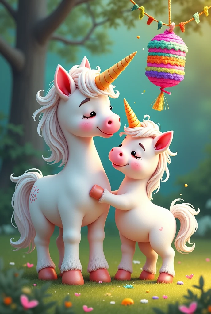  a unicorn and his baby unicorn standing breaking a colorful piñata with a stick that is hanging on a rope and below the image a logo that says Pauzy Piñatas made with love 