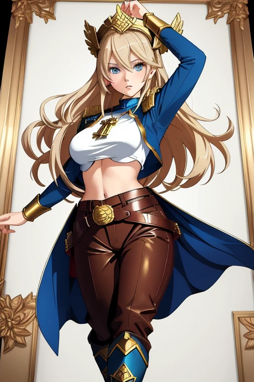 A full-body portrait of a young woman in anime style, with long, light blonde hair, framed by a white mantle adorned with golden details. She has intense blue eyes and wears a form-fitting blue armor with intricate engravings of leaves and flowers, and golden metal pieces covering her shoulders and arms. A dark brown leather belt with metallic buckles secures her armor at the waist. She wears brown leather boots, standing in a dynamic action pose. A cross-shaped pendant adorns her chest. The background features a blue sky with fluffy clouds, highlighting her majestic and noble appearance, visible from head to toe, wear tight pants