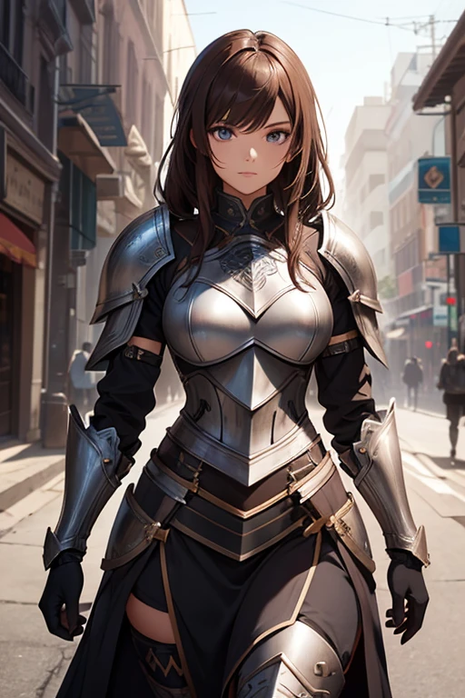 young woman, dressed in armor knight costume, with necklines, equipped with a sword in the waist sheath, corpo sexy, brownhair, eyes browns, warrior shield equipped on back. She is posing attractively.