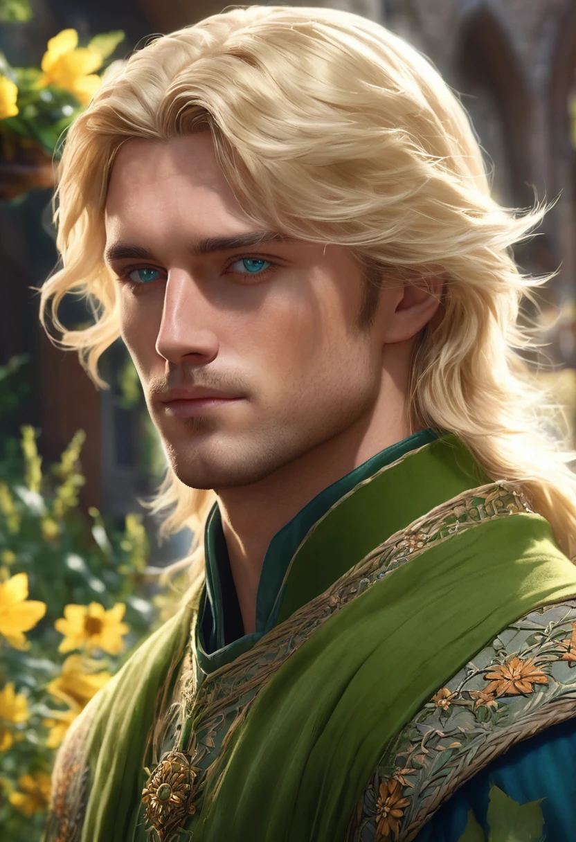 1 man, background is a flowery afternoon, wearing a simple green medieval male outfit, detailed facial features, blue male eyes, detailed tanned skin, long blonde hair, dramatic lighting, cinematic composition, light palette, warm colors, atmospheric haze, square jaw, soft face, , strong and handsome man, adult man, ultra realistic, profile picture, adult man (best quality, 4K, 8K, high resolution, art: 1.2), ultra detailed (realistic, photorealistic, photorealistic: 1.37)