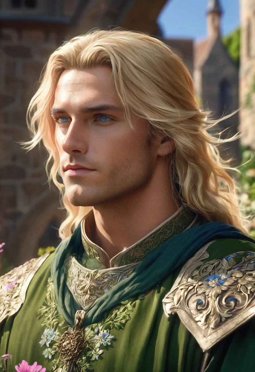 1 man, background is a flowery afternoon, wearing a simple green medieval male outfit, detailed facial features, blue male eyes, detailed tanned skin, long blonde hair, dramatic lighting, cinematic composition, light palette, warm colors, atmospheric haze, square jaw, soft face, , strong and handsome man, adult man, ultra realistic, profile picture, adult man (best quality, 4K, 8K, high resolution, art: 1.2), ultra detailed (realistic, photorealistic, photorealistic: 1.37)