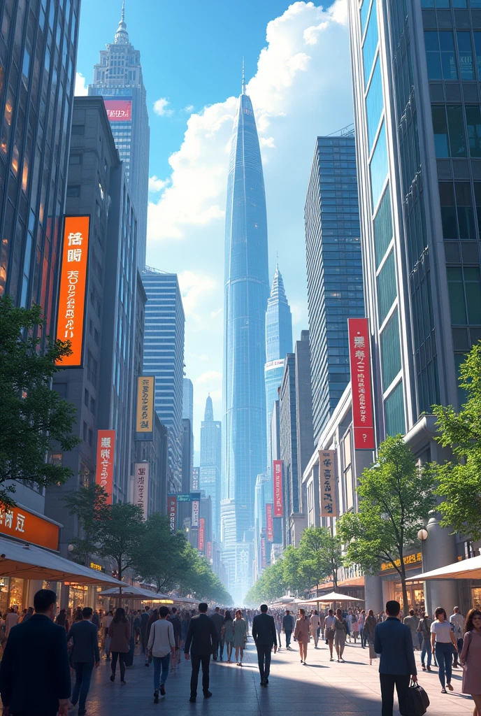 An image showing a modern city with several tall buildings and lively people in the streets