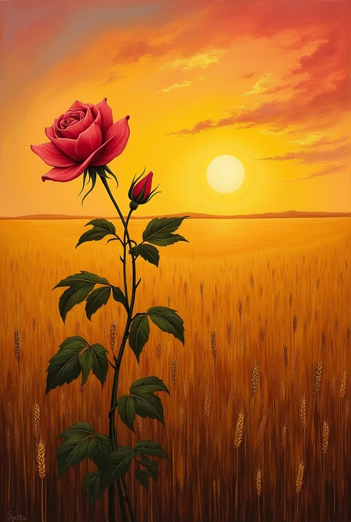 Rose near wheat field under a golden sunset.oil painting in style of Rufino Tamayo