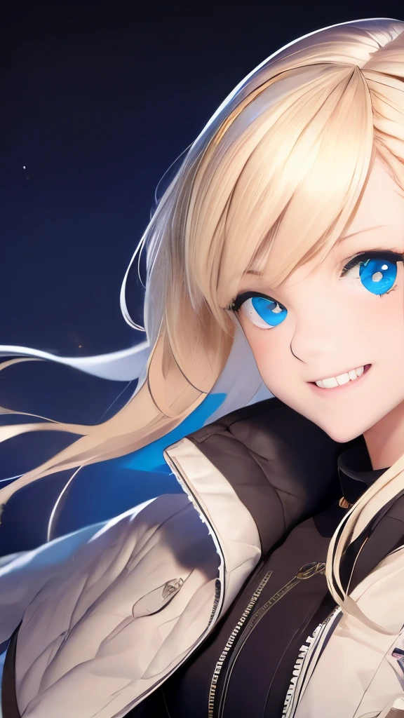 ChristiaAOT, 1girl, solo, christa renz, smile, hair between eyes, Blue eyes, blonde hair, jacket, medium hair,