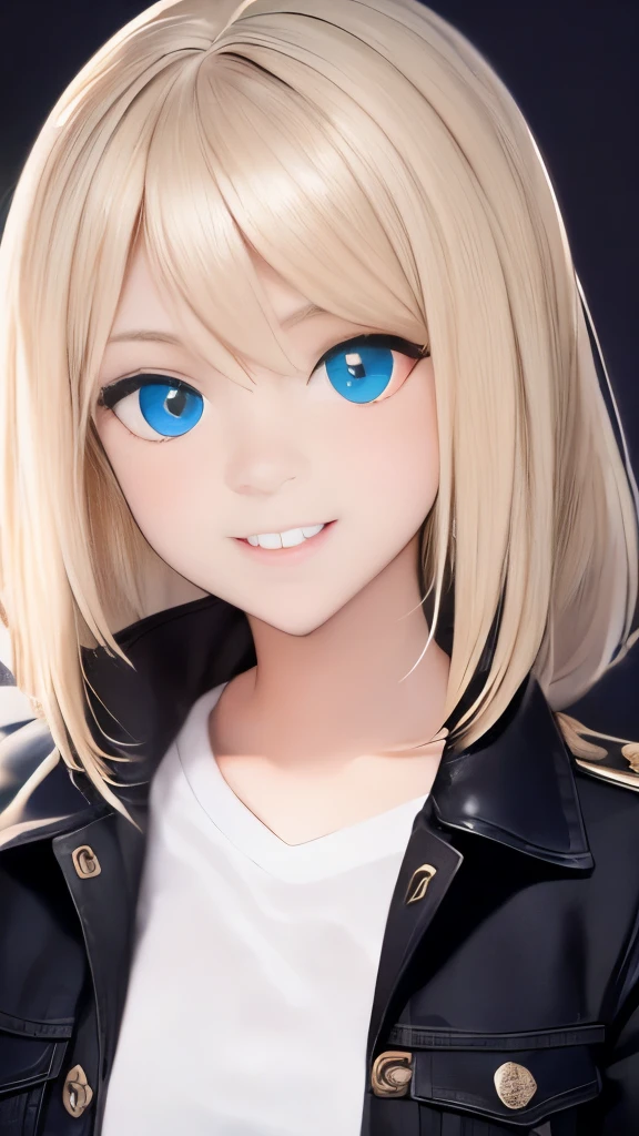 ChristiaAOT, 1girl, solo, christa renz, smile, hair between eyes, Blue eyes, blonde hair, jacket, medium hair,