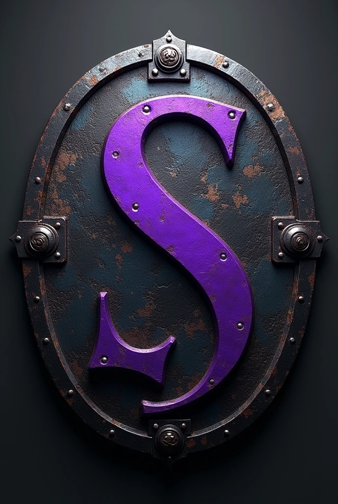 Create a circle-shaped shield with iron style. With the letter S PURPLE