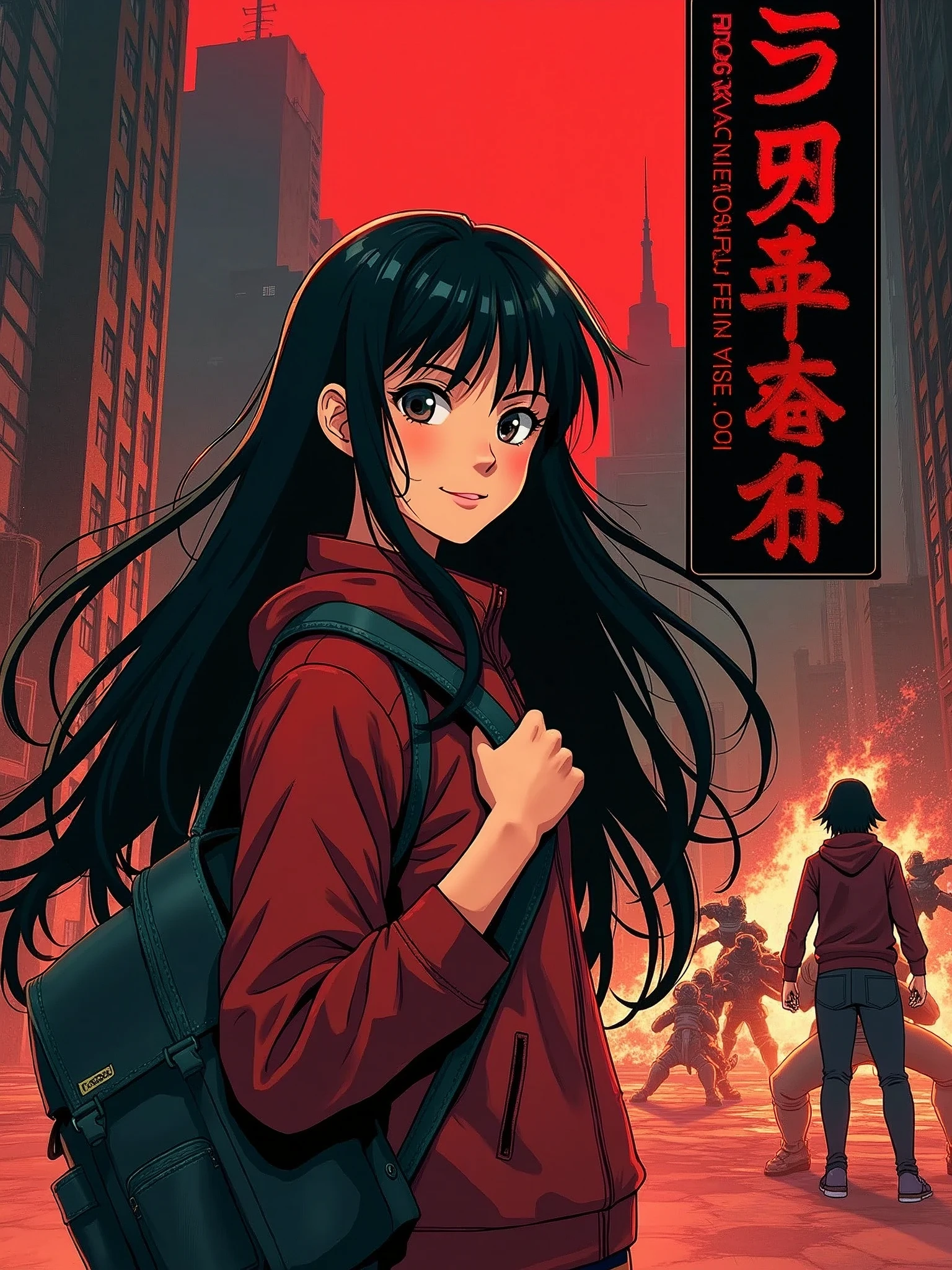 Design a cover for a dark fantasy psychological drama light novel set in Rio de Janeiro in 2050, with a style similar to "inuyasha" ou "Yuyu Hakusho", showing a smiling Japanese teenager holding a backpack with long black hair in the foreground, while in the background other characters fight; use a red and black palette, and put the title in a box in the upper right corner.