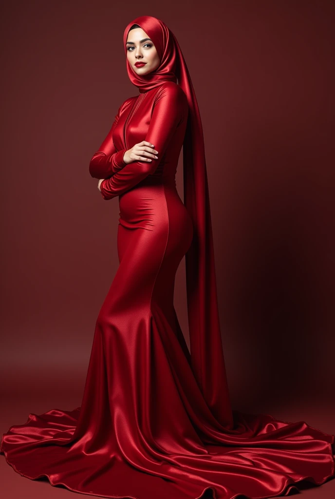Captivating, elegant woman is engendered in a cascade of four-meter-long, ruby-red, plush satin fabric. The material clings tightly to her figure, spreading out into a pooled train at her feet, mimicking a mermaid's tail. A satin hijab cloaks her head, in kitchen, revealing only a hint of her upper body. This full-body portrait radiates a mythical sophistication. Wrapped, eth