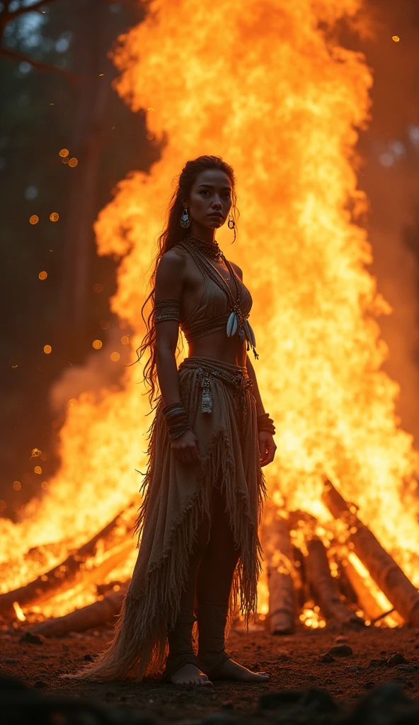arafed woman in native dress standing in front of a fire, huge campfire she is dressed in shaman clothes, beautiful young female shaman,native american shamen fantasy, a beautiful woman warrior, flames surround her, woman made of black flames, appears as the fire goddess, native american, aztec warrior goddess, karol bak uhd, warrior woman,