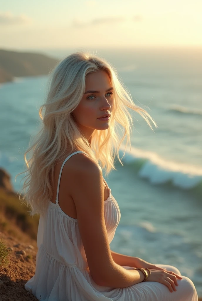 A breathtaking shot of a beautiful woman with grey-blue eyes and white-blond hair sitting on a cliff, her gaze lost in the horizon, wind gently tousling her hair, captured in a medium shot. The scene is set during the golden hour, with soft, warm lighting accentuating her delicate features. The cliff overlooks a vast, serene ocean, the waves crashing softly below. The image is ultra-realistic, rendered in 8k with a cinematic feel, using an Arri Alexa camera with a 50mm lens. The composition follows the rule of thirds, highlighting the natural beauty of both the woman and the landscape --ar 16:9 --style raw