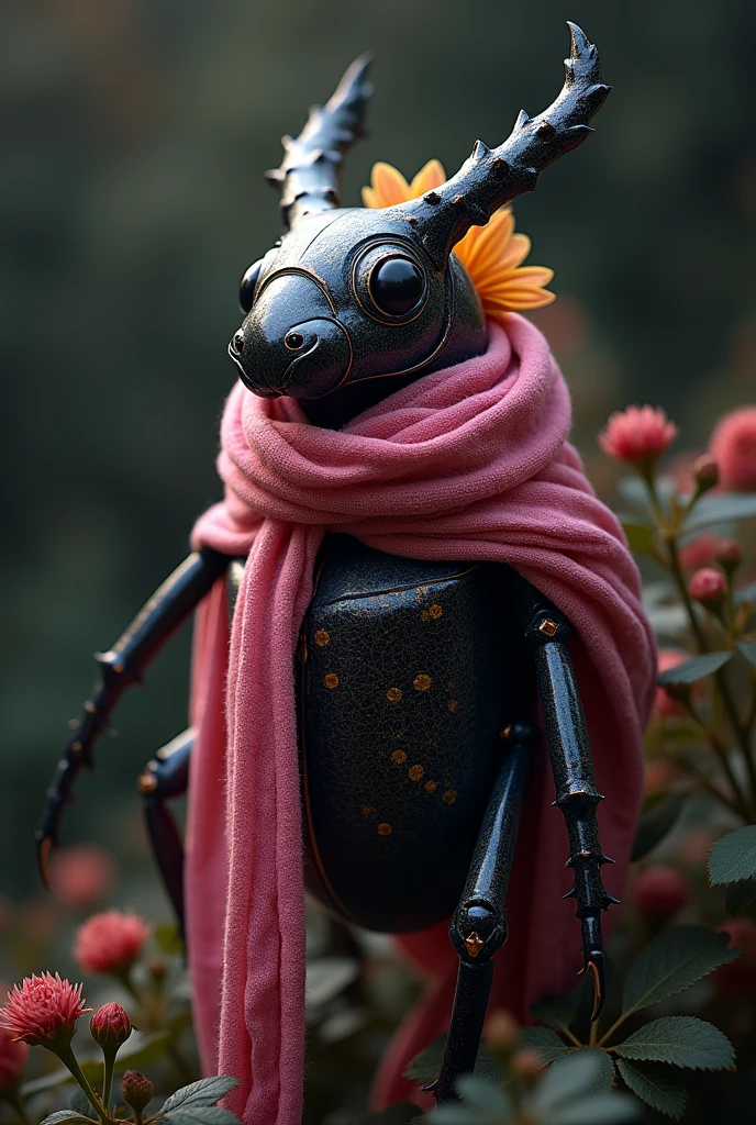 floral beetle wearing a (long:1.2) pink (scarf:1.3), a beetle with arms and a head, (dark shot:1.17), epic realistic, faded, ((neutral colors)), art, (hdr:1.5), (muted colors:1.2), hyperdetailed, (artstation:1.5), cinematic, warm lights, dramatic light, (intricate details:1.1), complex background, (rutkowski:0.8), (teal and orange:0.4)