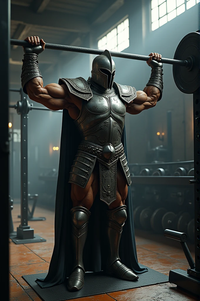 A knight pumping iron in the gym