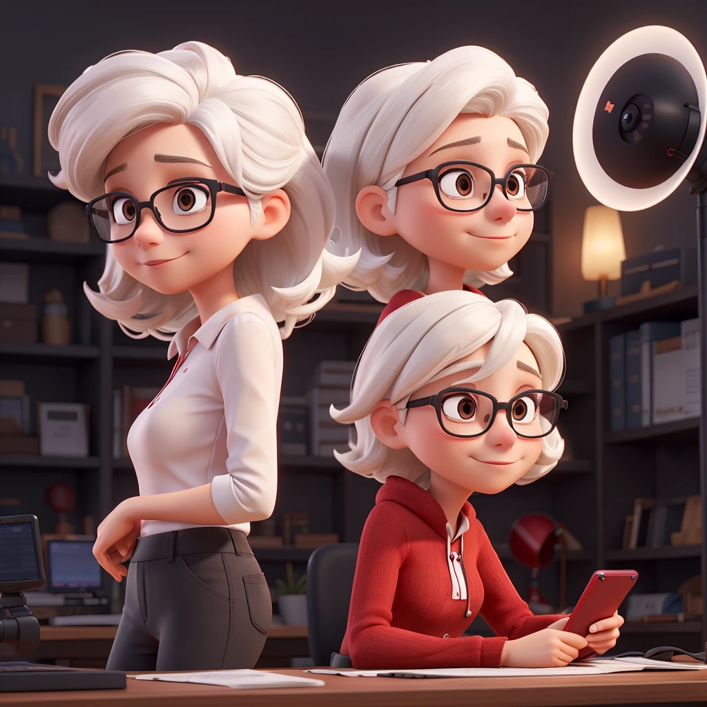 woman white hair, mobile phone, red clothes, Black background,
cameras, fans, located side, desk, Thinking, interest, glasses,
PANTS



