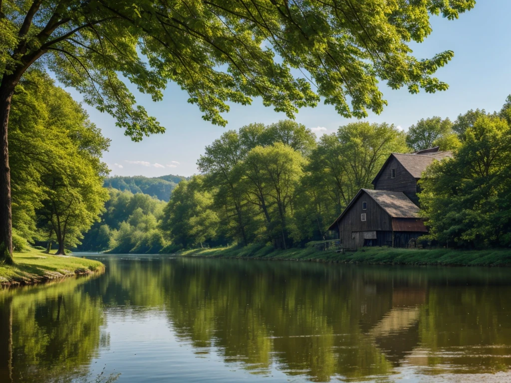 Morning. Nature. Sunny. Lake. Trees. Village .Forest. Professional photo, 4k, hyperrealism, f/16, 1/100s, high definition, depth of field, hyper detail. Beautiful. In the distance there is a wooden mill,