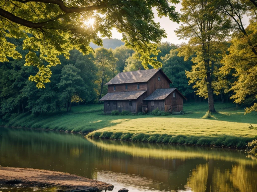 Morning. Nature. Sunny. Lake. Trees. Village .Forest. Professional photo, 4k, hyperrealism, f/16, 1/100s, high definition, depth of field, hyper detail. Beautiful. In the distance there is a wooden mill,