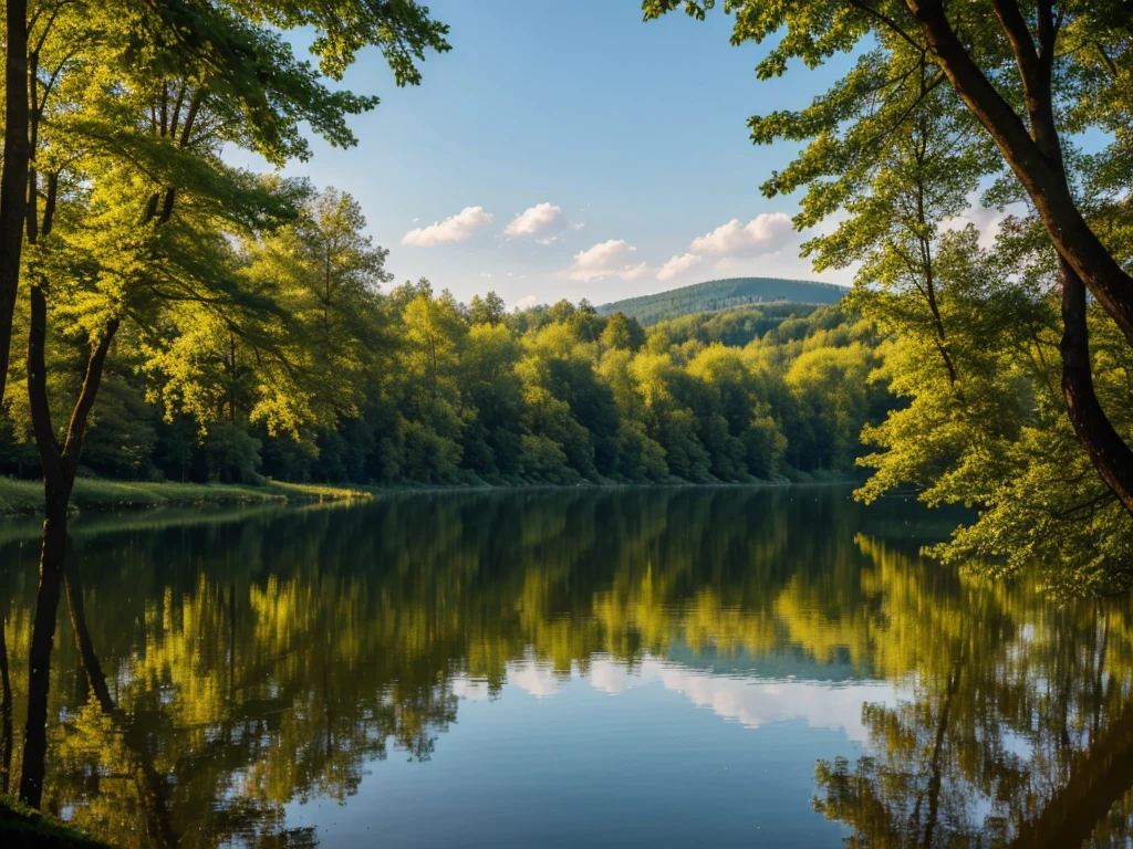 Morning. Nature. Sunny. Lake. Trees. Village .Forest. Professional photo, 4k, hyperrealism, f/16, 1/100s, high definition, depth of field, hyper detail. Beautiful. In the distance there is a wooden mill,