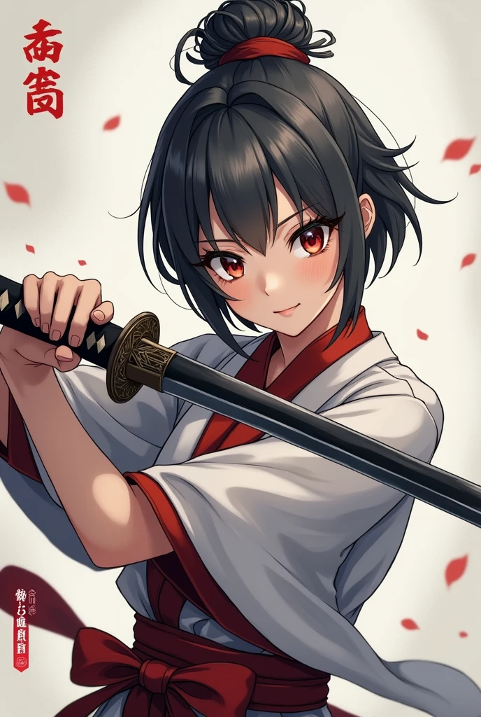 Chinese woman semi-realistic anime style with short length dark gray hair with the middle tied into a bun with 2 detailed steel sticks securing the bun, holding a black-bladed katana in a fighting stance 