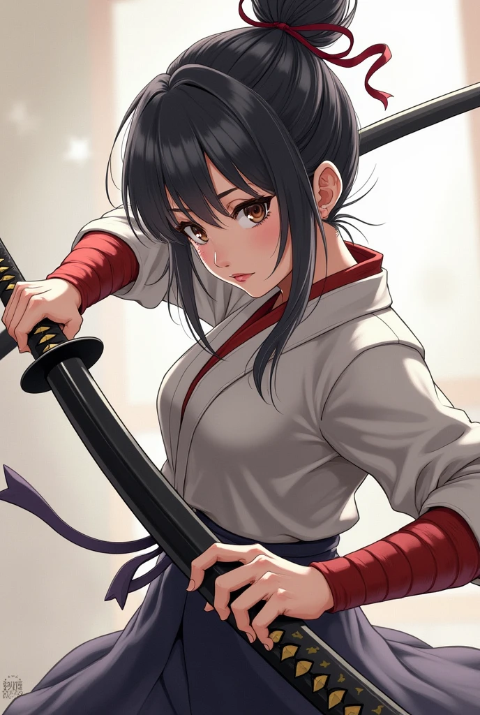 Chinese woman semi-realistic anime style with short length dark gray hair with the middle tied into a bun with 2 detailed steel sticks securing the bun, holding a black-bladed katana in a fighting stance