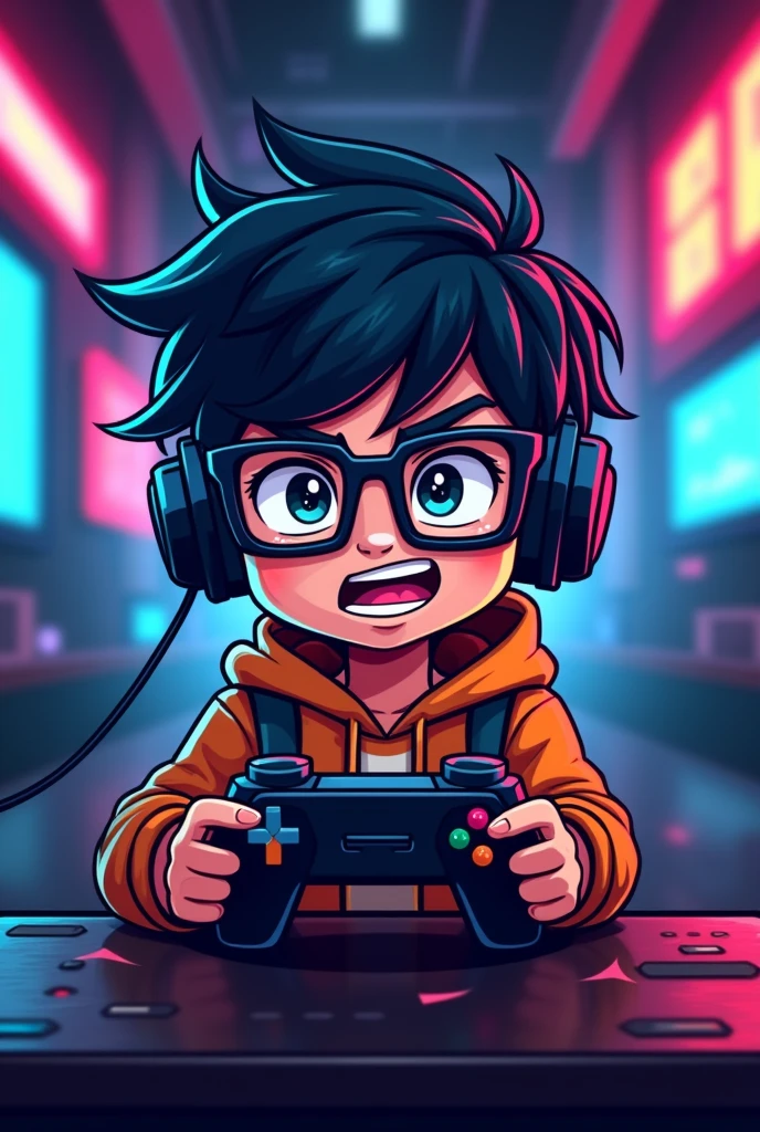 Make a logo mascot where the mascot is a gamer boy with square glasses and that looks like he is playing and has the letters “THDANIIZO”
