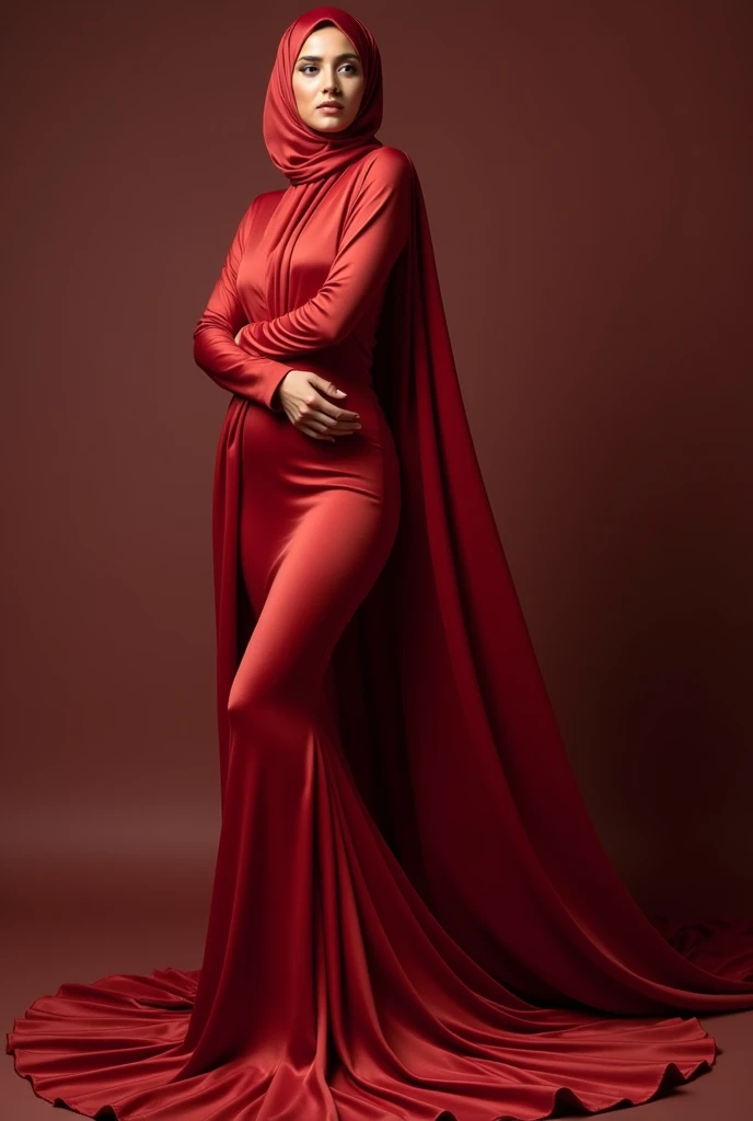Captivating, elegant woman is engendered in a cascade of four-meter-long, ruby-red, plush satin fabric. The material clings tightly to her figure, spreading out into a pooled train at her feet, mimicking a mermaid's tail. A satin hijab cloaks her head, in bed room, revealing only a hint of her upper body. This full-body portrait radiates a mythical sophistication. Wrapped, eth