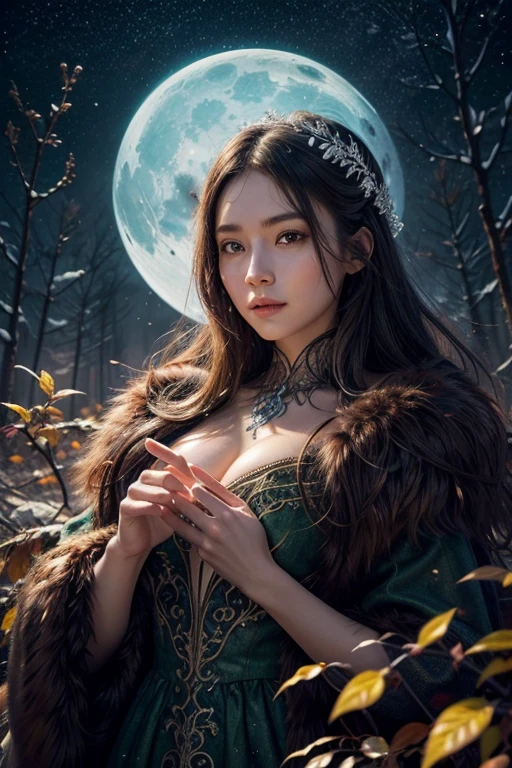 detailed background, dark and eerie forest, fog rolling through the trees, snow-covered ground, full moon shining brightly in the sky, a clearing with scattered leaves and pumpkins, a((slim and graceful)(snow leopard:1.2))female standing tall in her witch costume, (black dress adorned with silver stars), (pointy hat with a wide brim), (long flowing cloak trailing behind her), (sharp claws on her fingertips), (piercing green eyes sparkling with mischief), ((delicate pink nose:1.1)peeking out from under her witch hat), (playful smile revealing sharp fangs), detailed fur markings resembling mystical patterns on her body, (confident stance), (half-body view),