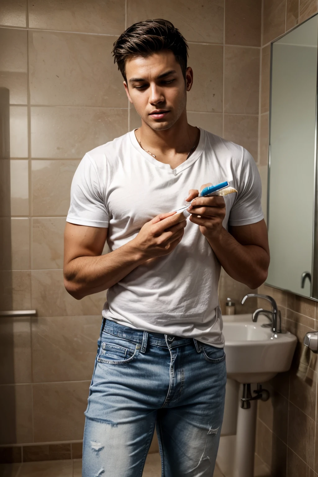 a young man in a white T-shirt and old jeans brushes his teeth with a toothbrush in the bathroom, tired and angry