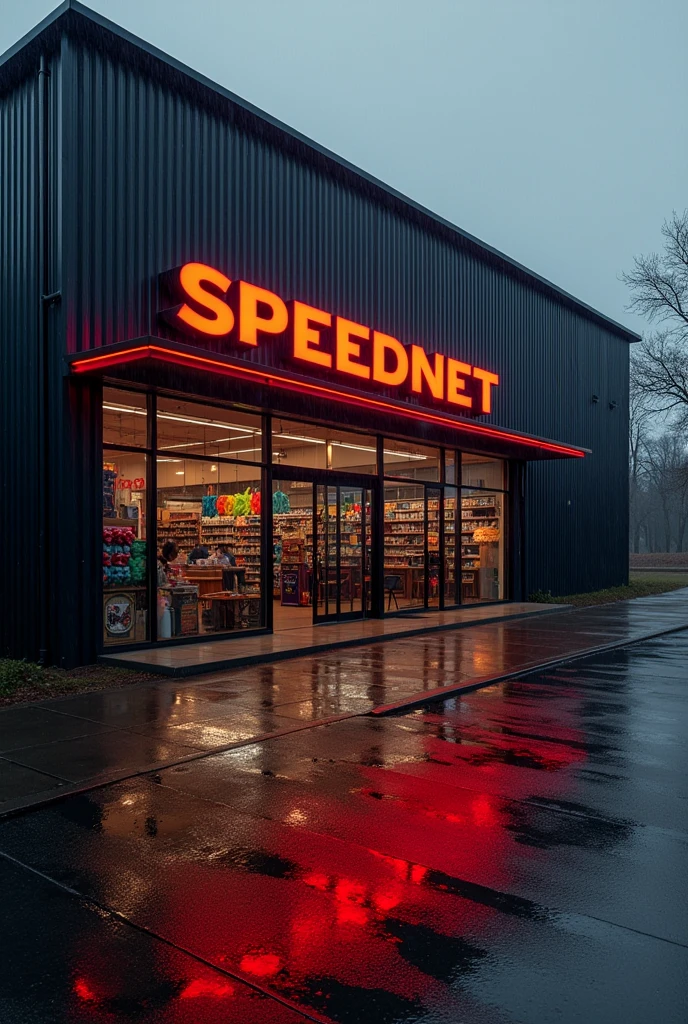 a large storefront with the name SPEEDNET , black and red, in a rainy climate