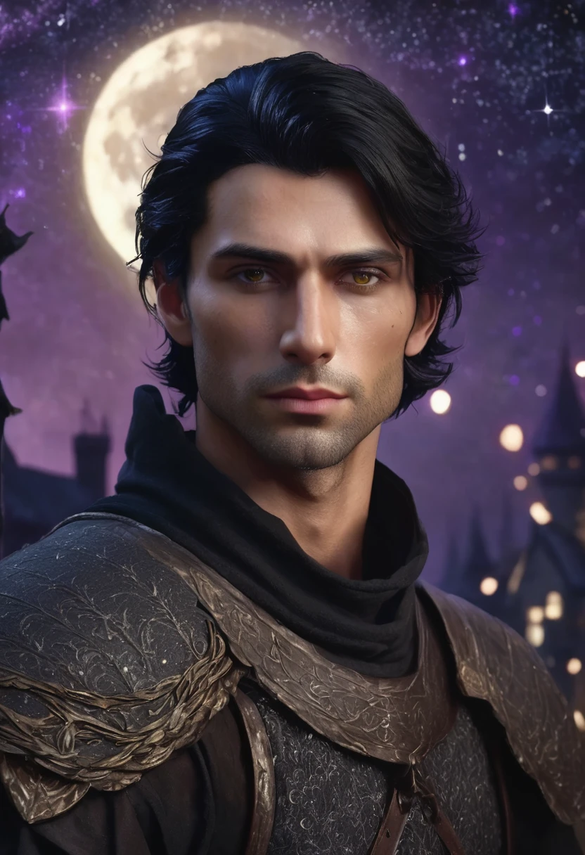 1 man, background is a starry night, wearing a simple black medieval male outfit, detailed facial features, male purple eyes, detailed brown skin, undercut black hair, dramatic lighting, cinematic composition, moody light palette, dark colors, atmospheric haze, square jaw, soft face, , strong and handsome man, adult man, ultra realistic, profile picture, adult man (best quality, 4K, 8K, high resolution, art: 1.2), ultra detailed (realistic, photorealistic, photorealistic: 1.37)