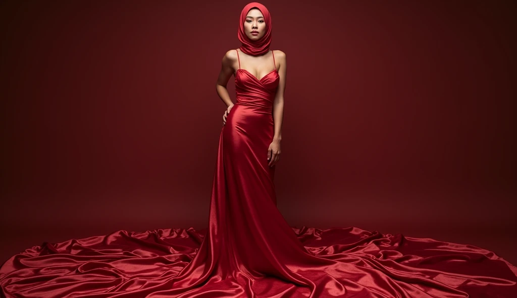 Captivating, elegant woman is engendered in a cascade of four-meter-long, ruby-red, plush satin fabric. The material clings tightly to her figure, spreading out into a pooled train at her feet, mimicking a mermaid's tail. A satin hijab cloaks her head, in bed room, revealing only a hint of her upper body. This full-body portrait radiates a mythical sophistication. Wrapped, eth