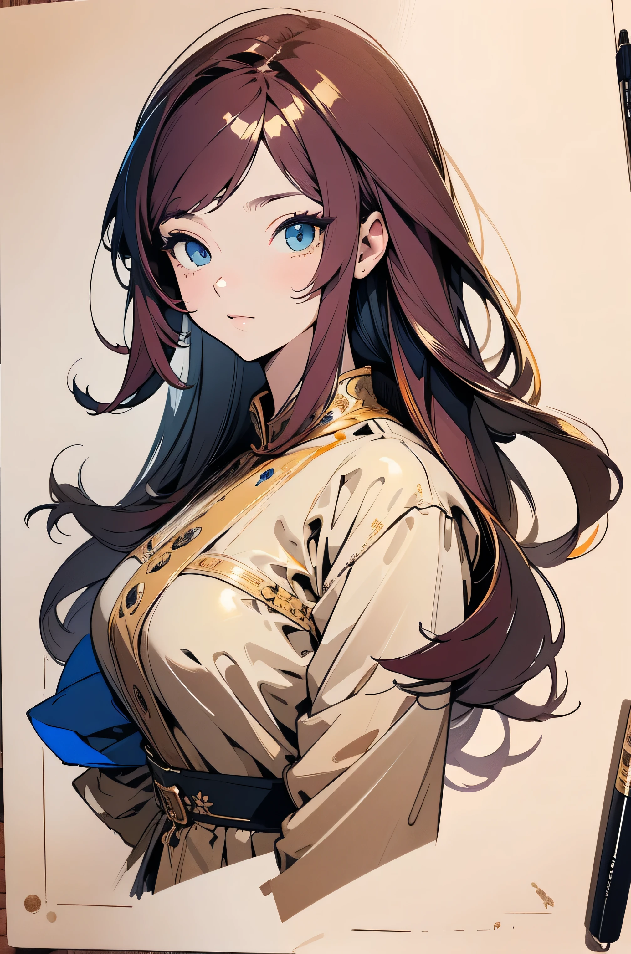 Illustration, UHD, retina, masterpiece, accurate, anatomically correct, super detail, high details, high quality, award winning, best quality, highres, good anatomy, 1080P, HD, 4K, 8k, 16k, 1girl, dynamic pose, upper body potrait, detailed eyes, ((gold eyes)), detailed clothes, detailed hair, rendering, 5 fingers, potrait, Aidalro, cute waifu, BREAK, (long red hair), straight hair, bangs, side bangs, tbcc illustration, nijijourneyV51