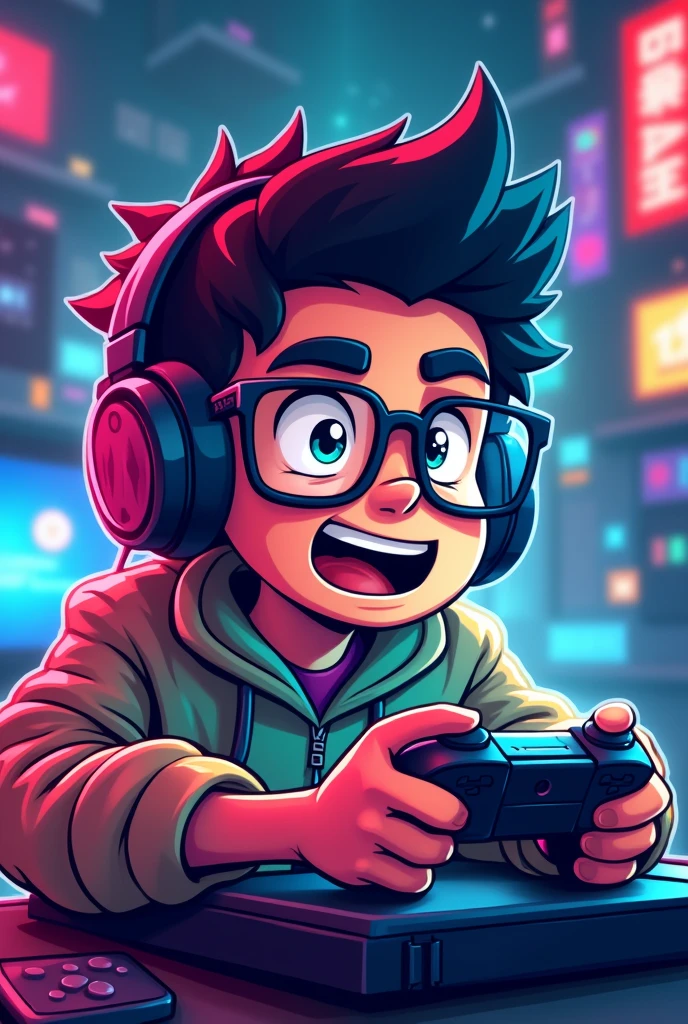 Make a logo mascot where the mascot is a gamer boy with square glasses and that looks like he is playing and has the letters “THDANIIZO”