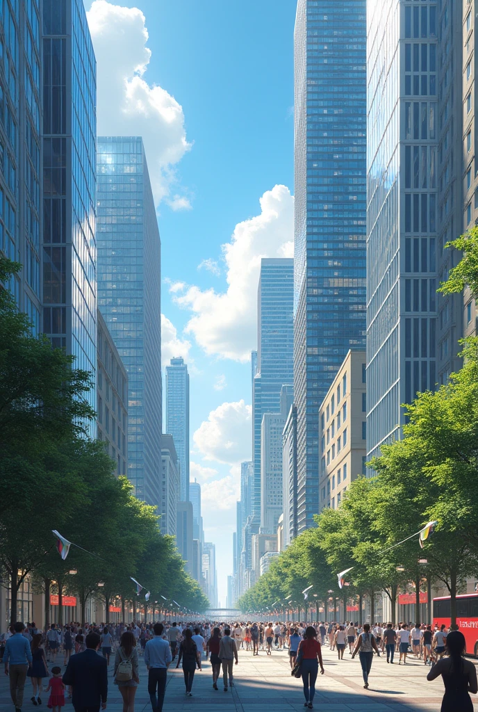 An image showing a modern city with several tall buildings and lively people in the streets