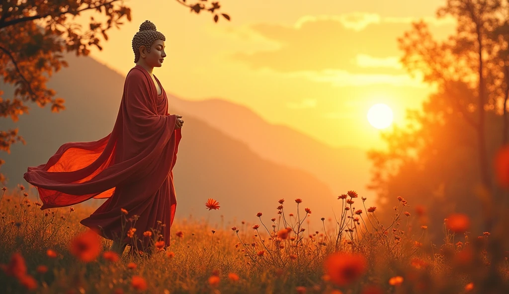 buddha walking wind calm flowers and leaves sun