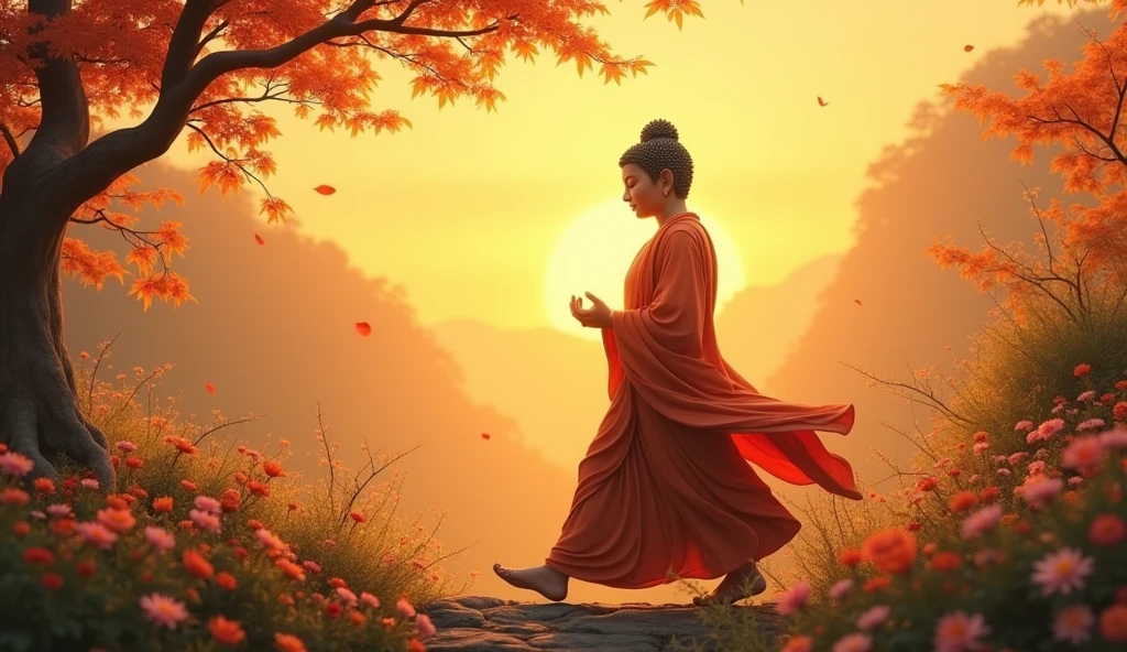 buddha walking wind calm flowers and leaves sun