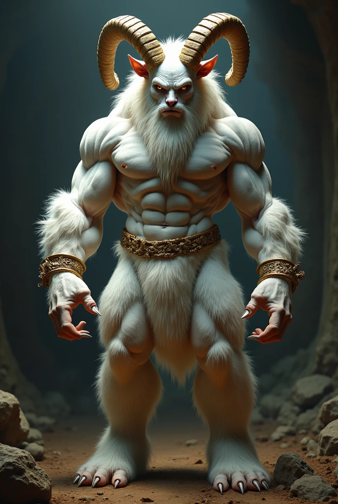 extremely detailed body, gorgeous face, work of art, detailed back ground, (loaded on e621,8k, CRU photo, high resolution, high qualiy), ((work of art)), female, (wear a shirt and no bottom), (from front view), (cinematic lighting), backlight, (shadowed), detailed back ground, photorrealistic, hyper realist, Satyr, extremely long breasts, extremely muscular body, white fur, furry legs, no clothing, gold bracelets, bodybuilding, hooves, long horns, sharp and long teeth, tufo de pelo nos hooves, Waist slender, extremely thick thighs, giant arms, human face, hairy arms with claws