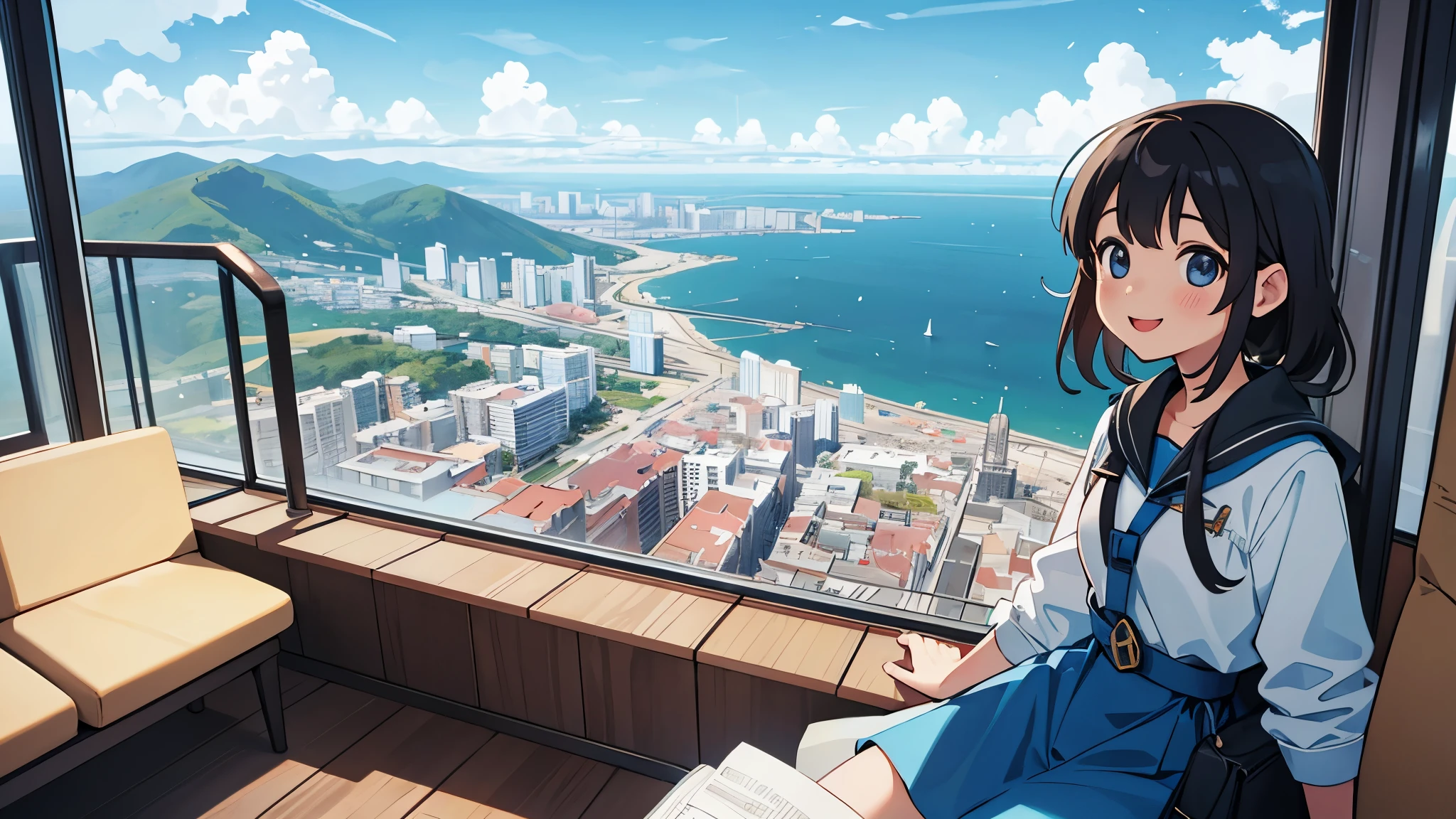 Girl looking out from observation deck at the top of the mountain、You can see the sea and the city in the distance、smile