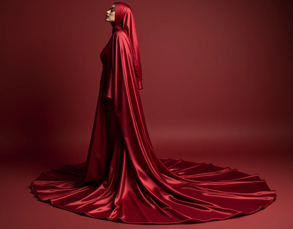 Captivating, elegant woman is engendered in a cascade of four-meter-long, ruby-red, plush satin fabric. The material clings tightly to her figure, spreading out into a pooled train at her feet, mimicking a mermaid's tail. A satin hijab cloaks her head, in office, revealing only a hint of her upper body. This full-body portrait radiates a mythical sophistication. Wrapped, eth