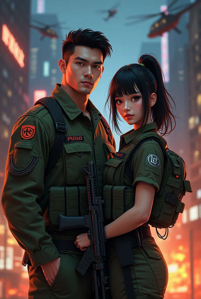 (POV). coupel,a handsome man , wearing army clothes bearing the text "LD" small logo, body muscle, and The beautiful and cute girls from Asia, chubby, beautiful round face, badass lady with black (hairstyle), (accessoris), dressing in military vest, standing faintly facing forward,by the night city,there's fire, there's helicopters, with sniper-gun next her