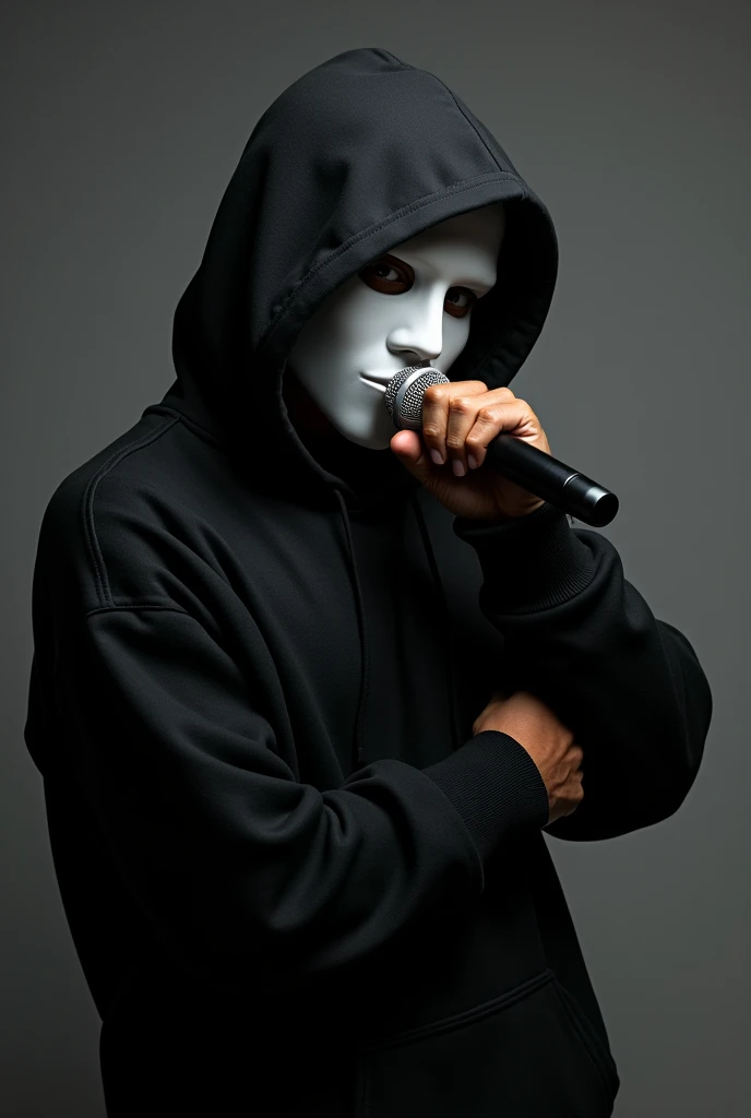 Rapper with the hood of a black jacket on with a white mask, holding a microphone with the right hand and only looking at it from the right side 
