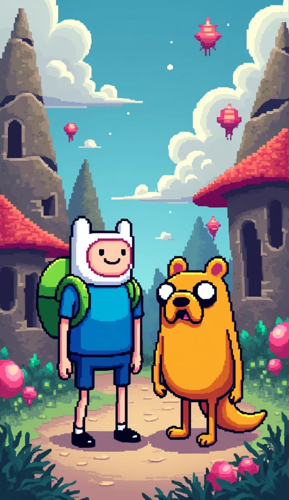 Finn and Jake from Adventure Time in pixel art