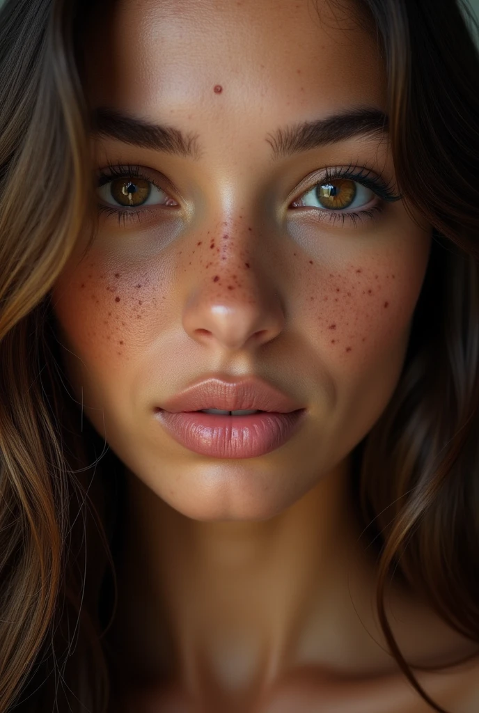 a 24 year old girl((latina))((highly detailed women face))((freckle))with long brown hair and (beautiful detailed Light brown eyes:1.2)(closed mouth:1.2),some facial imperfections, ultra detailed ,beautiful girl, real human wet skin, striking features,beautiful,intrticate detail,tension,contrast,(texture:1.1)(realism:1.1)
