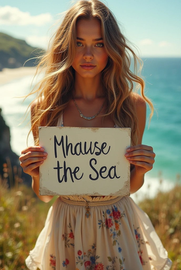 Beautiful girl with wavy long hair, bohemian dress, holding a white board with text "I Love Seaart Infinity" and showing it to the viewer