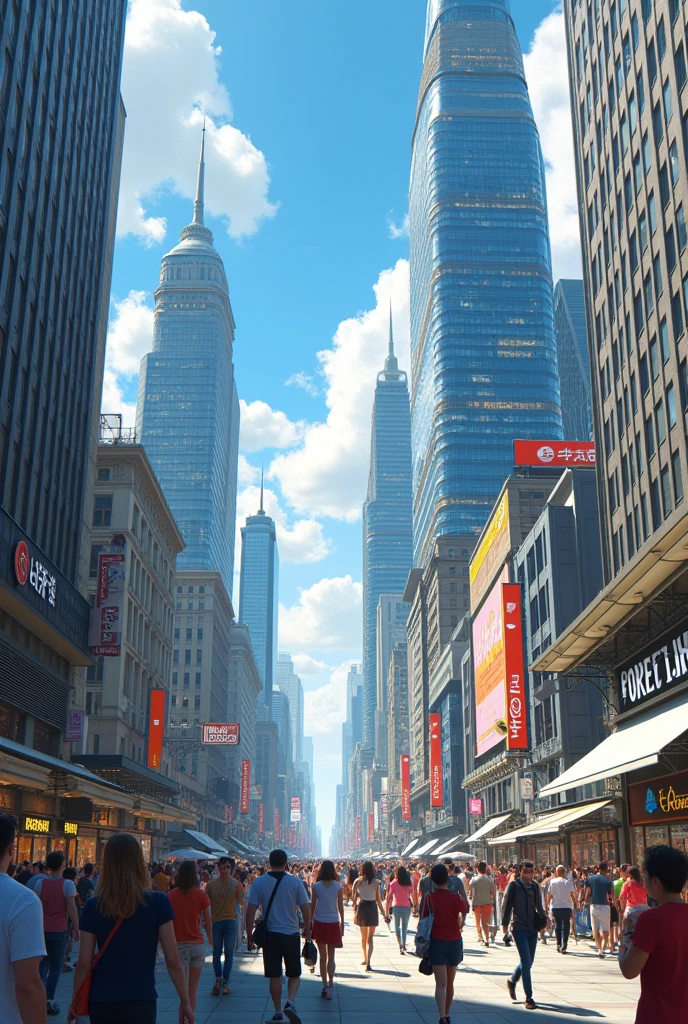 An image showing a modern city with several tall buildings and lively people in the streets