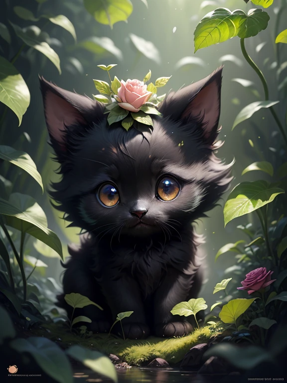 In this ultra-detailed CG art, the adorable black kitten surrounded by ethereal roses, best quality, high resolution, intricate details, fantasy, cute animals