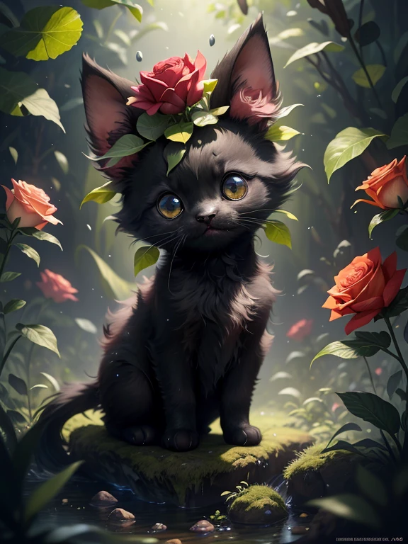 In this ultra-detailed CG art, the adorable black kitten surrounded by ethereal roses, best quality, high resolution, intricate details, fantasy, cute animals