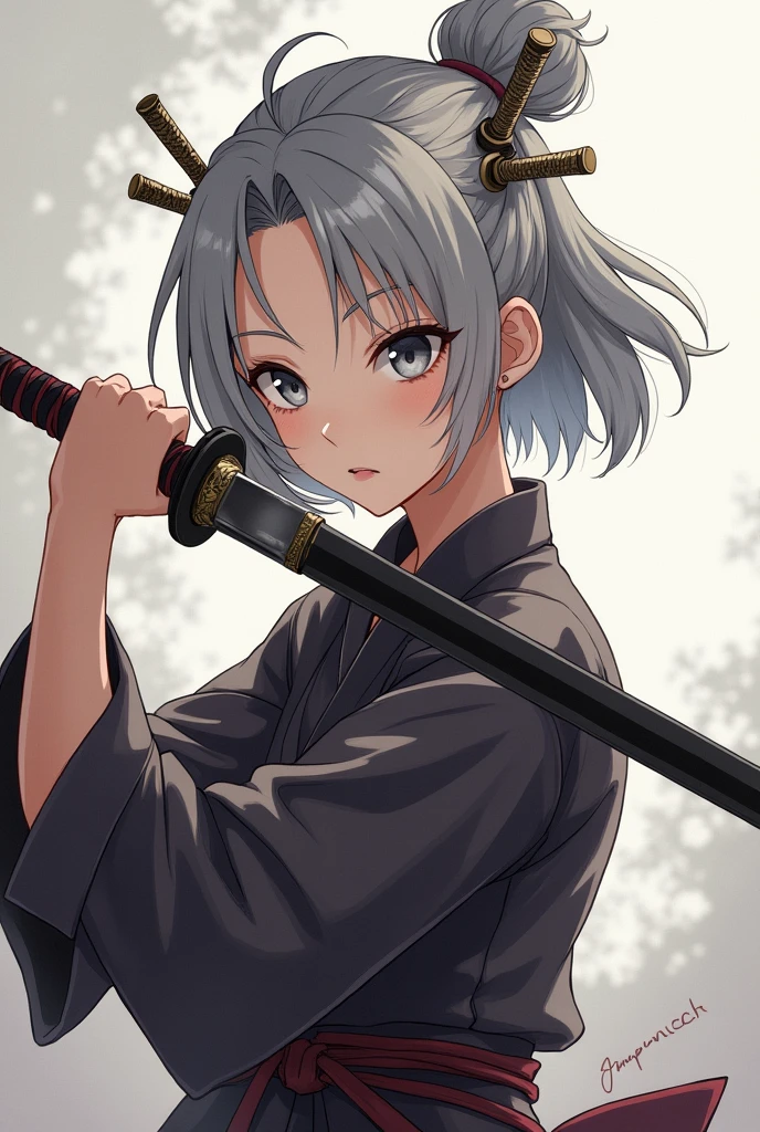 Chinese woman semi-realistic anime style with short length gray hair with the middle tied into a bun with 2 detailed steel sticks securing the bun, holding a black bladed katana in a combat stance with a serious face in the background